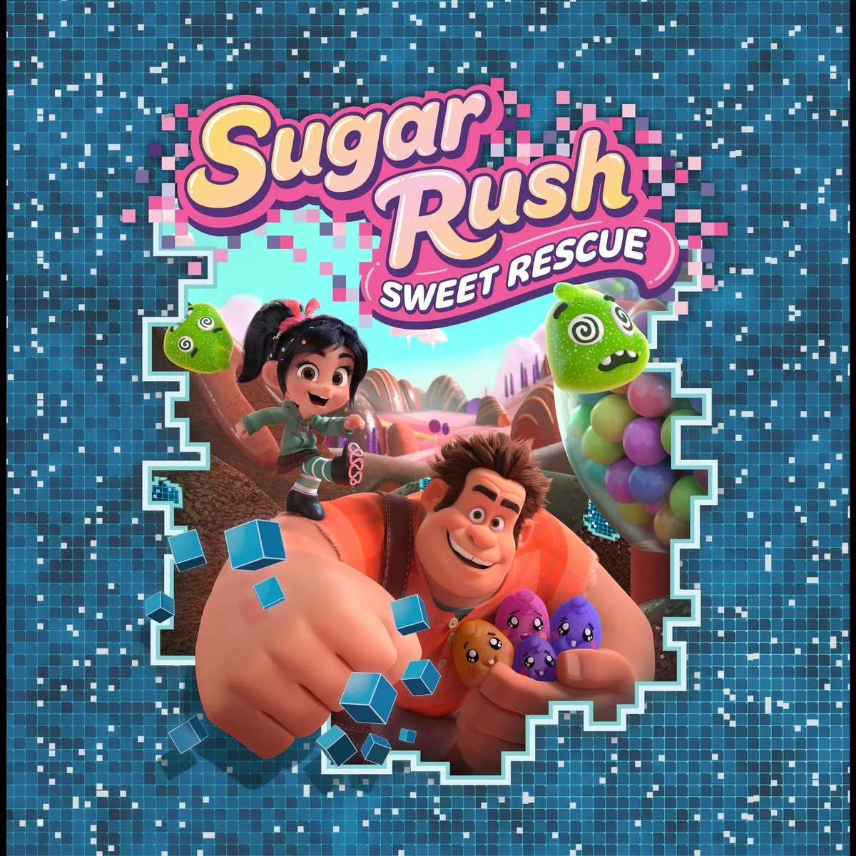 「シュガー・ラッシュ:スウィートレスキュー」のキービジュアル。ロゴと、ラルフとヴァネロペ、カラフルなシュガーバグ