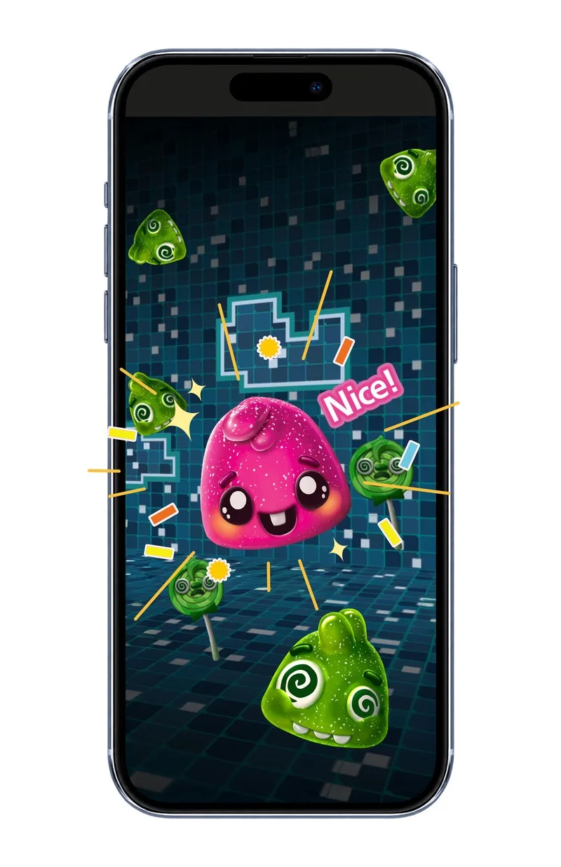 スマホのミニゲームの画面。暗い背景に、ピンクや緑のシュガーバグ