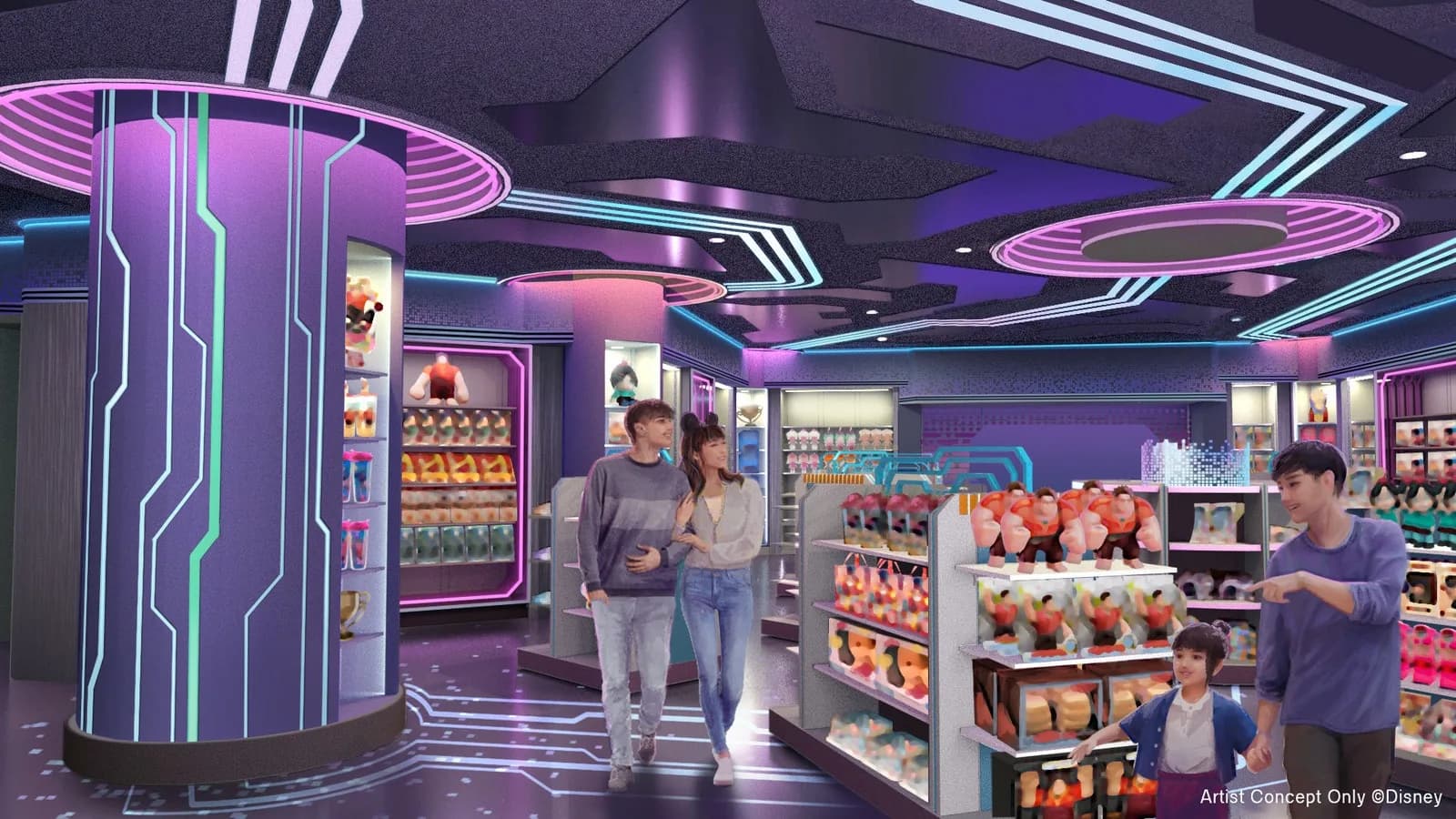 新しいショップ「ピクセル・プリズム」の店内。光の線が入った柱や天井と、グッズの棚