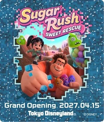 限定シールのデザイン。ロゴとラルフ、ヴァネロペ、「Grand Opening 2027.04.15」の文字